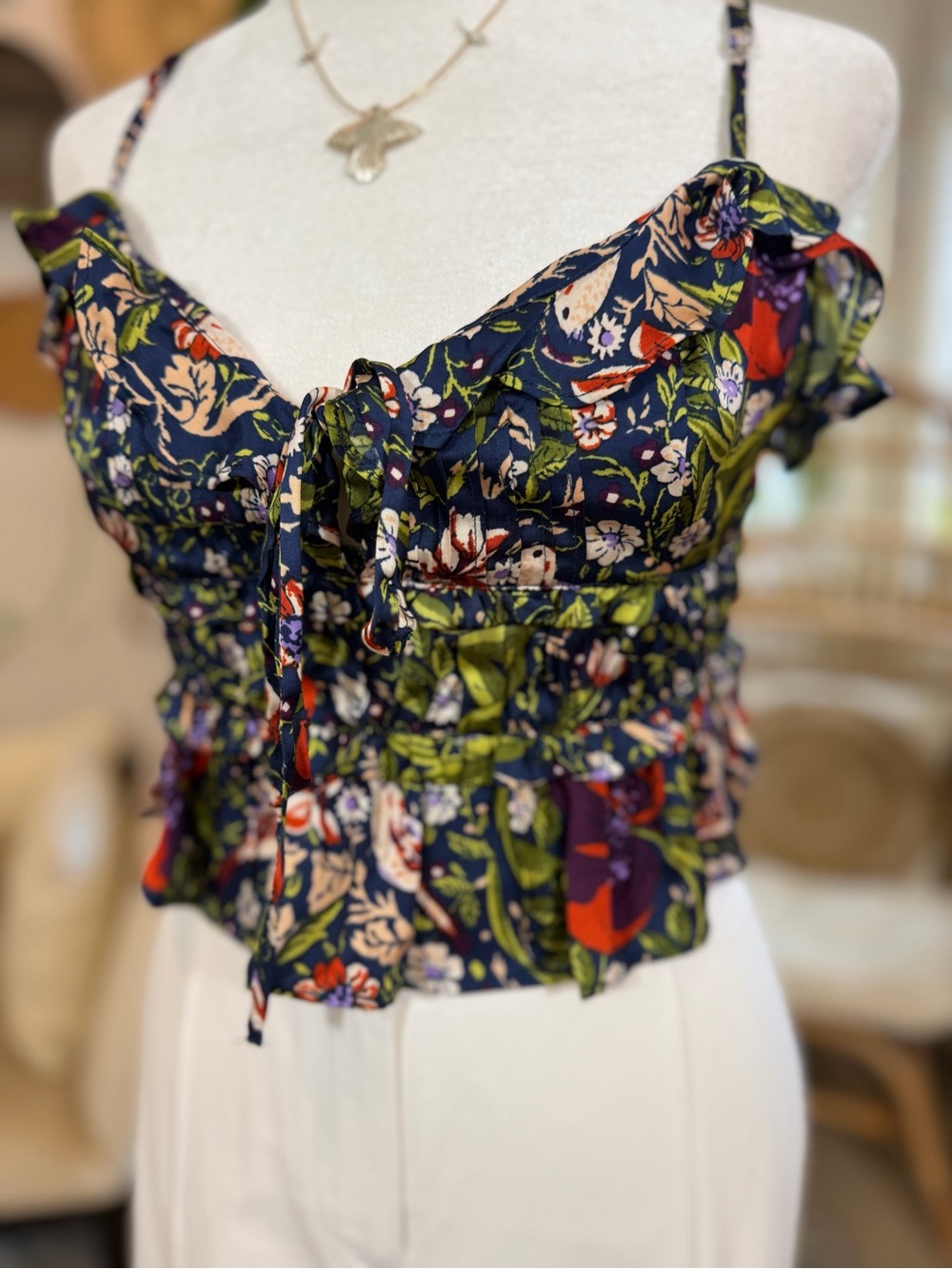 Anthropologie Lyrebird Floral Tie Front Crop Top Blue Boho Blouse Size S - Picture 2 of 13